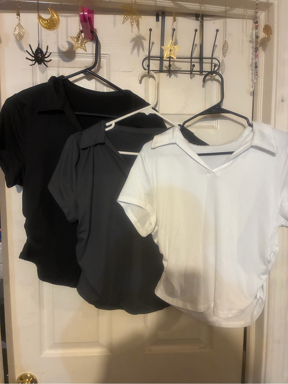 Classic Short-Sleeve Collared Button-Down Top — White, Charcoal, Black